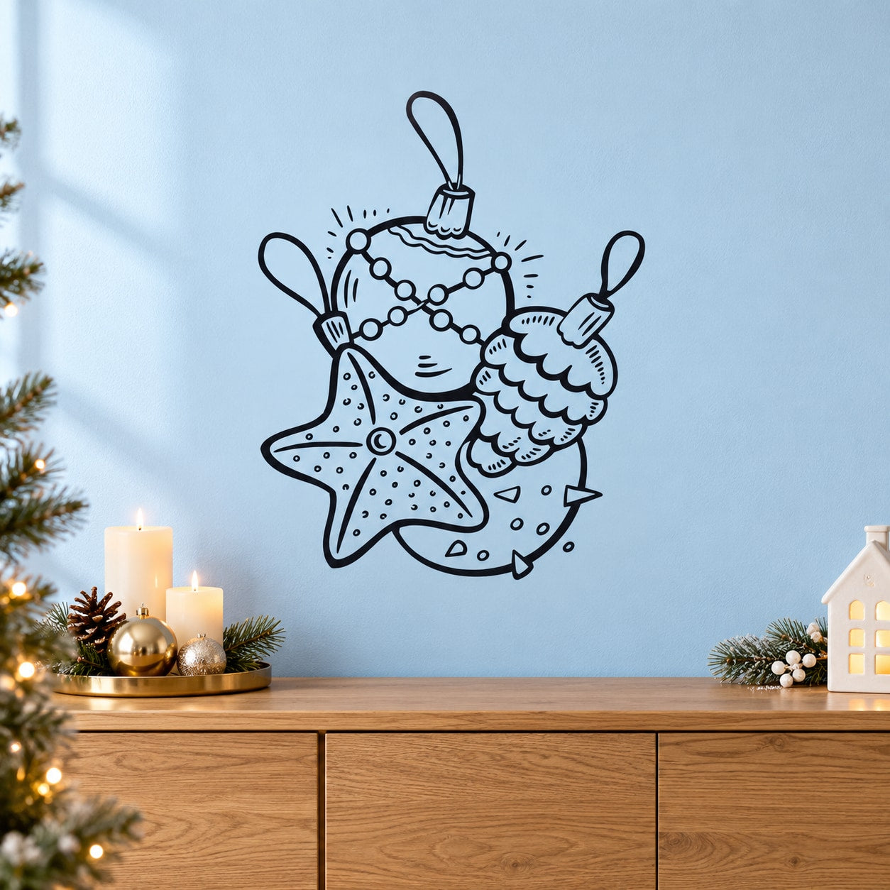 Festive ornament vinyl wall decals: three blue outline hanging decorations