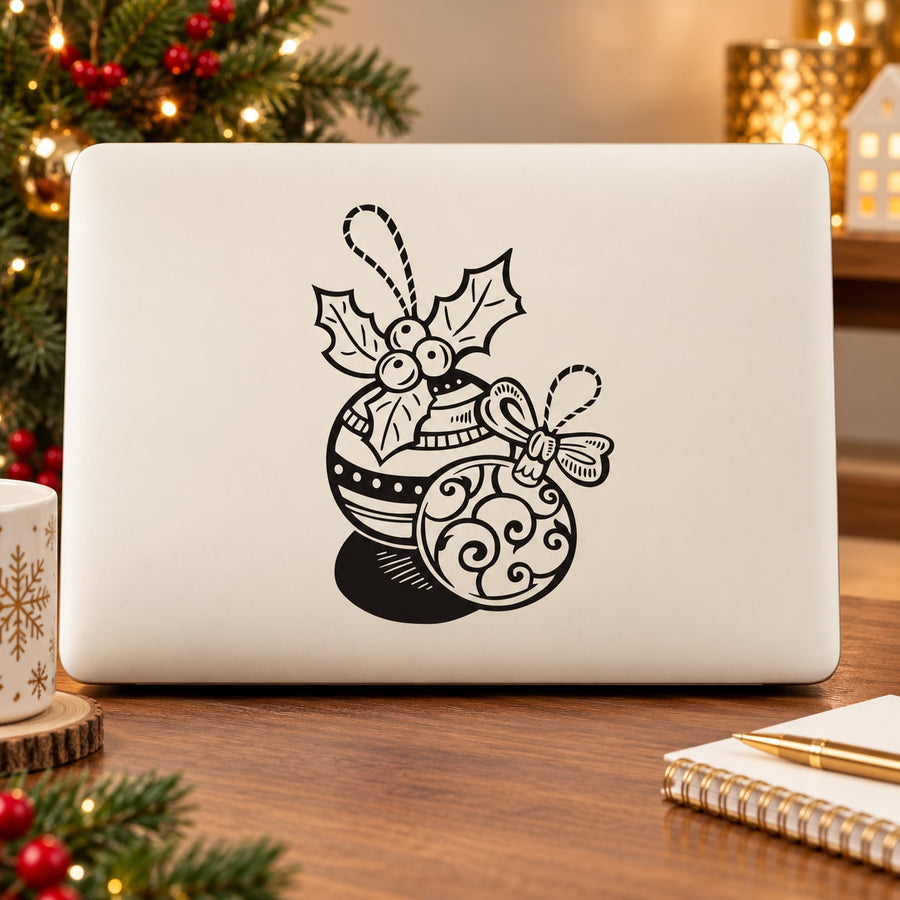 Rounded vinyl wall decal with black Christmas ornament illustration and bow
