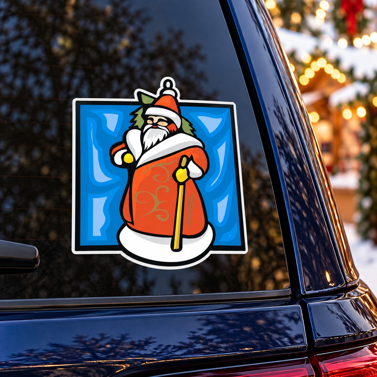Santa vinyl die-cut sticker with candle, framed in a blue square