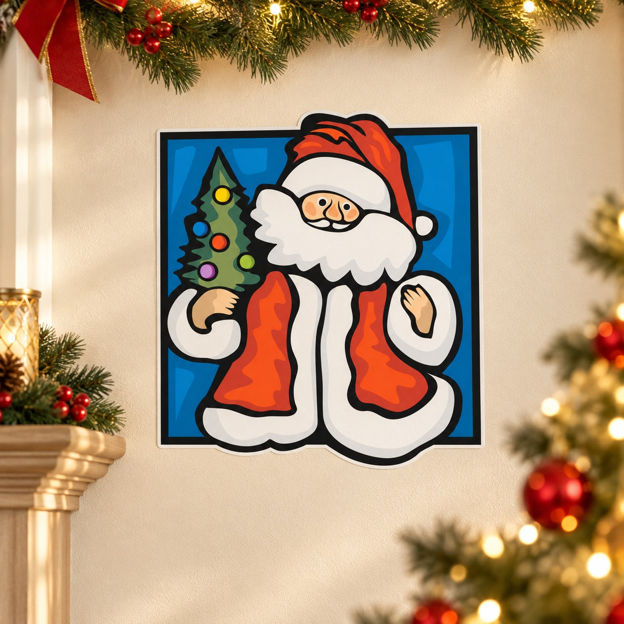 Santa Claus with Christmas tree sticker in blue square frame