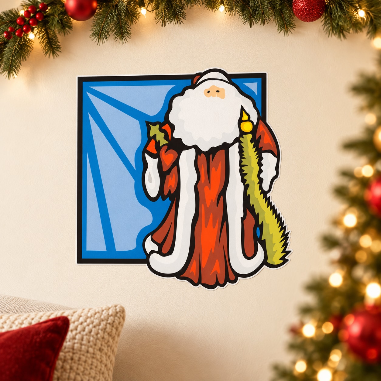 Santa vinyl wall decal sticker with red coat, white beard, and black outline