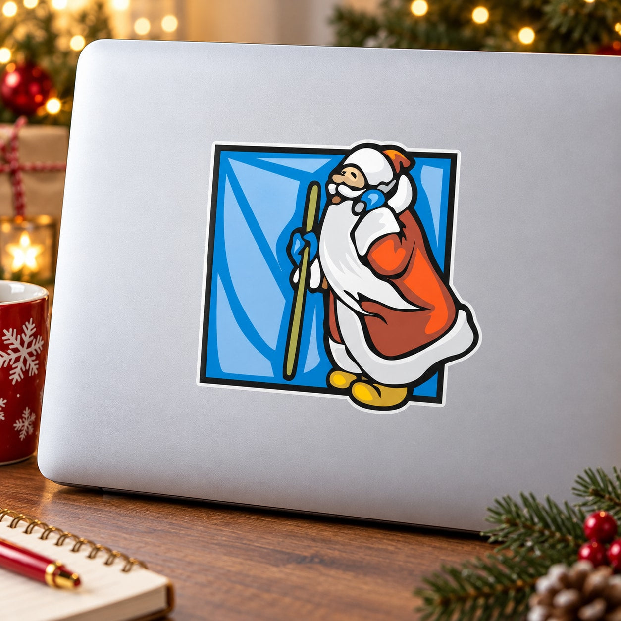 Santa cartoon vinyl die-cut sticker, red suit, holding staff, on blue square