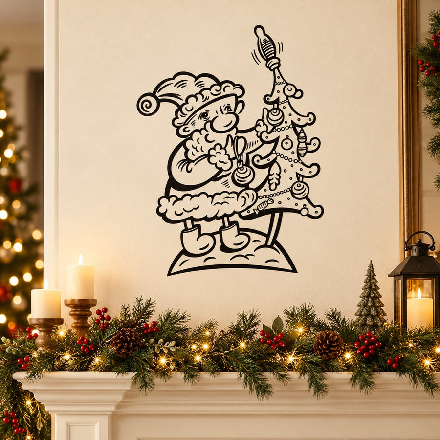Santa admiring Christmas tree wall decal, black outline design
