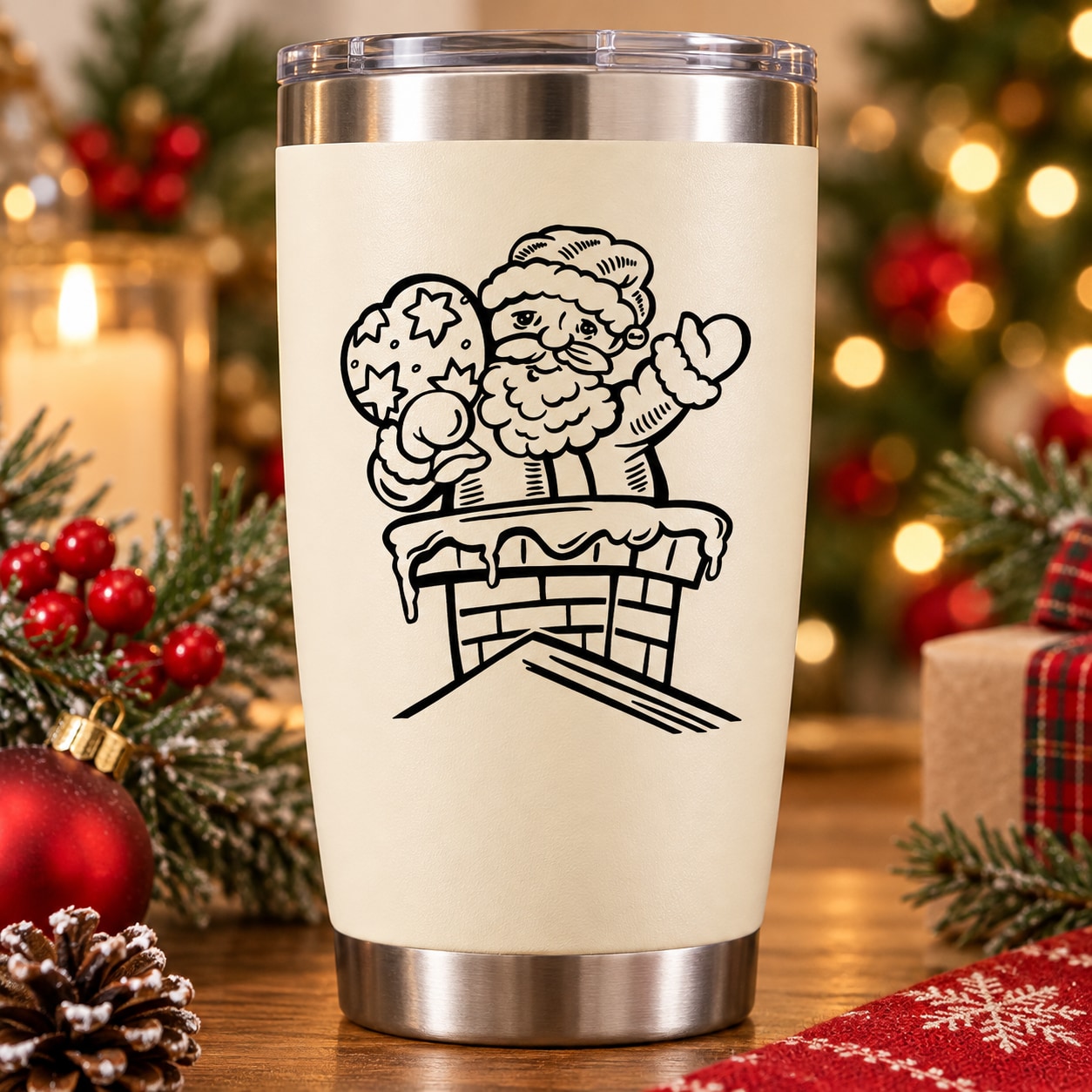 White insulated tumbler with black Santa waving from chimney decal