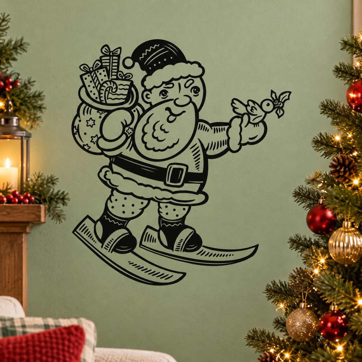 Santa line-art decal: Santa holding presents, skiing with bird, single black design