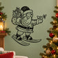 Santa line-art decal: Santa holding presents, skiing with bird, single black design