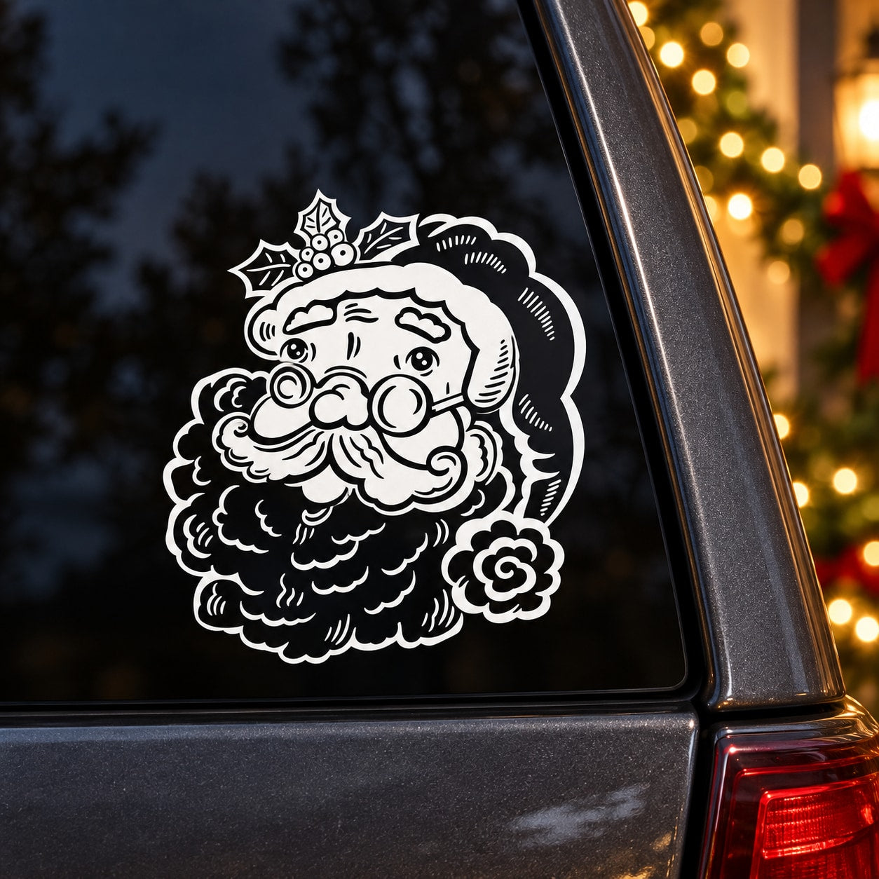 Santa Clause detailed beard decal, white Santa face with ornate beard on car window
