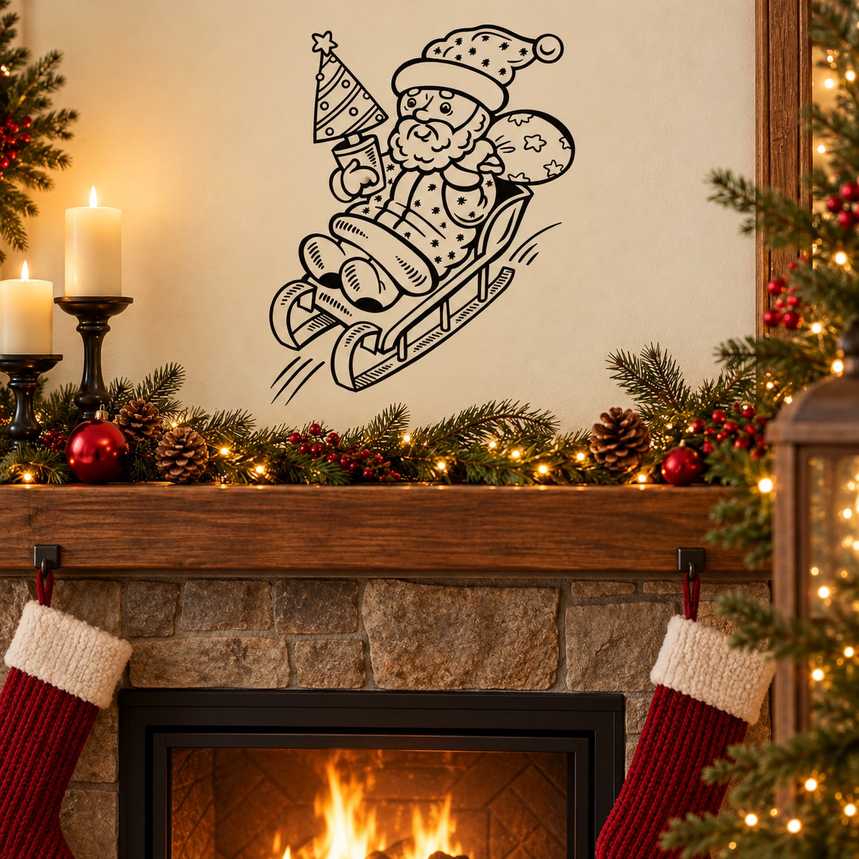 Santa Claus sledding with presents wall decal in outlined black line art