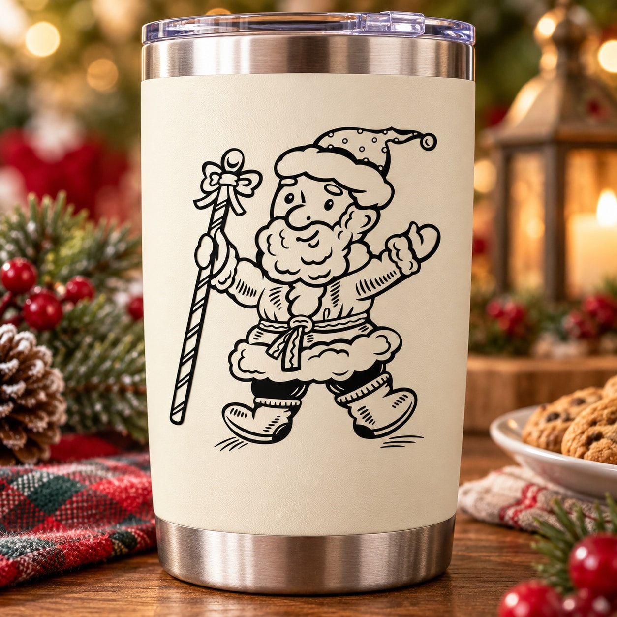 Stainless steel travel tumbler with Santa holding Christmas cane decal