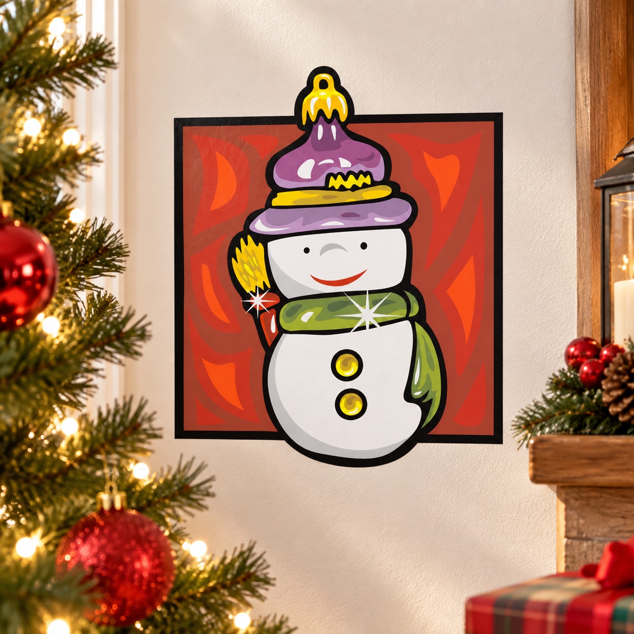 Cartoon snowman waving sticker, white body with purple hat and green scarf