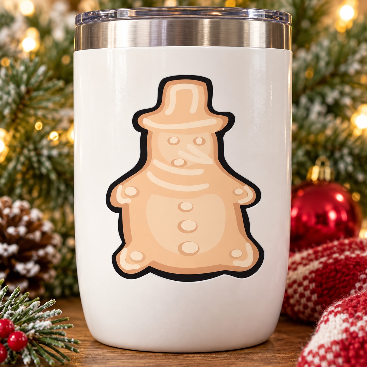 White tumbler with cartoon gingerbread-style snowman sticker, beige and black outline