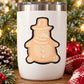 White tumbler with cartoon gingerbread-style snowman sticker, beige and black outline