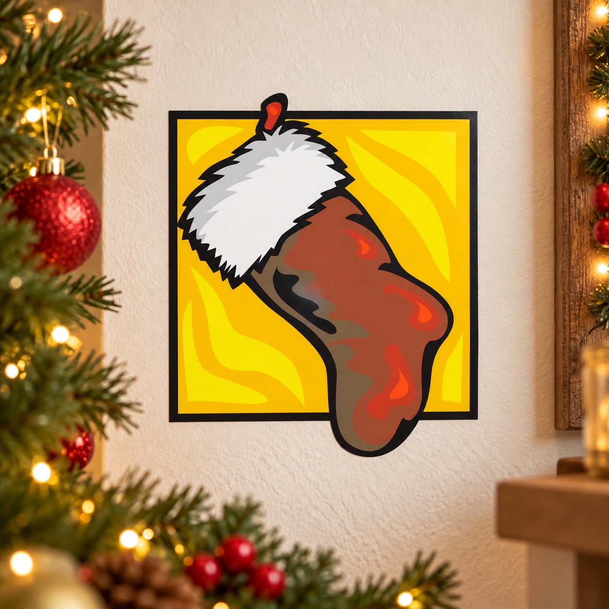 Colorful vinyl sticker with cartoon dog paw against yellow flames