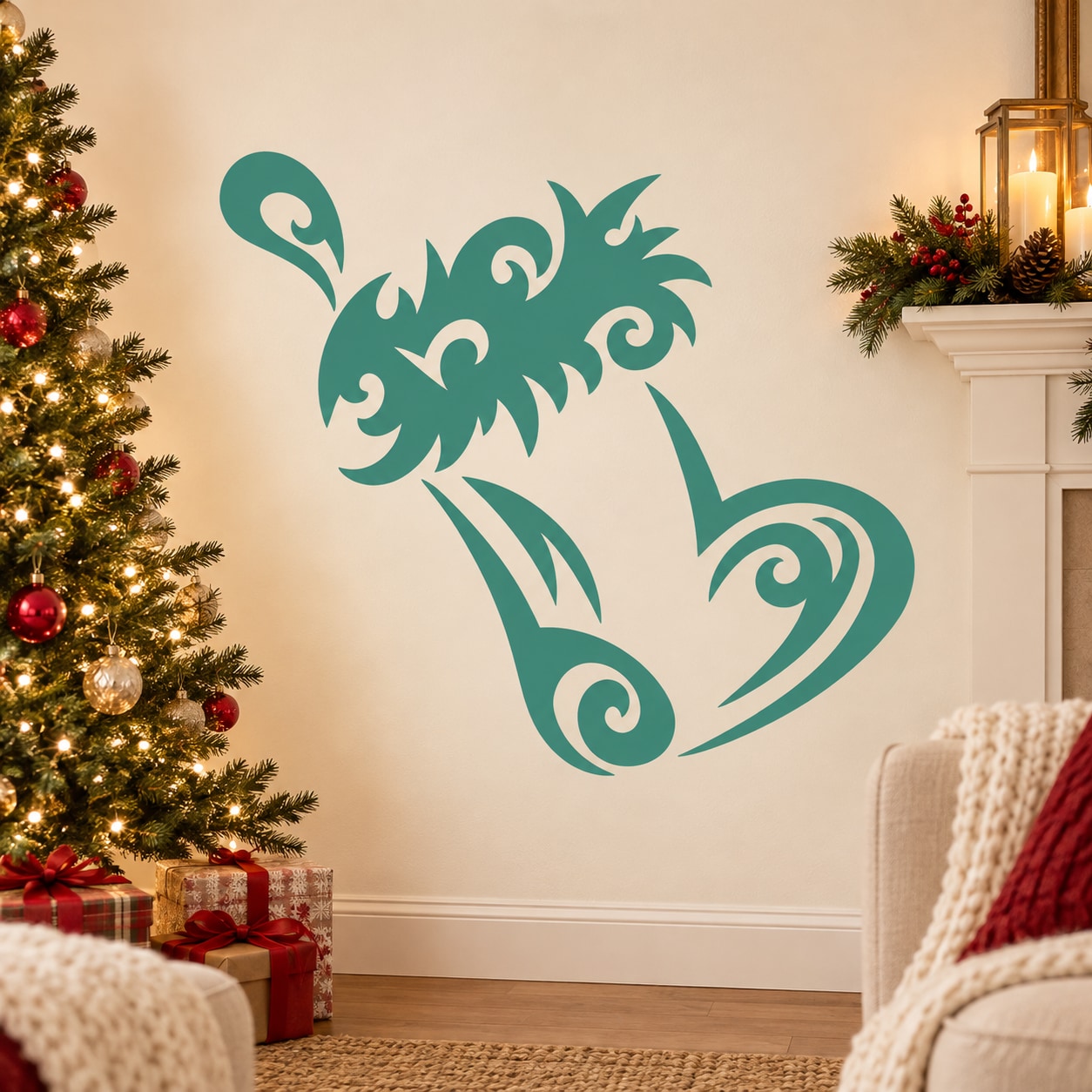 Teal ornamental holiday stocking decal with curled swirls on wall