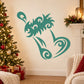 Teal ornamental holiday stocking decal with curled swirls on wall