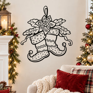 Christmas stocking with black poinsettia decal on the front