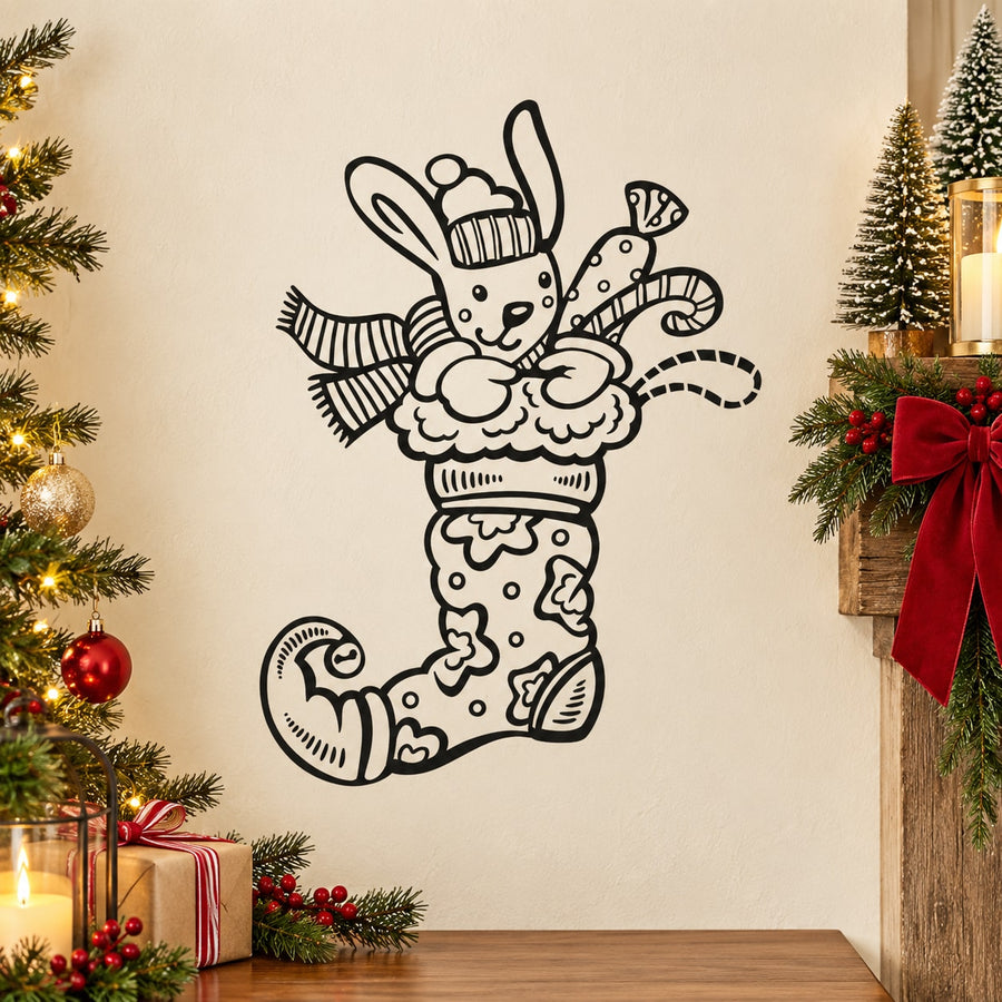 Christmas stocking wall decal with black toy rabbit illustration