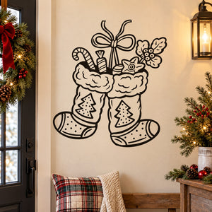 Christmas wall decal of two hanging stockings with bow and candy shapes