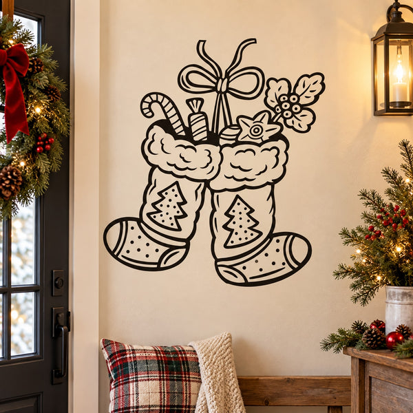 Christmas wall decal of two hanging stockings with bow and candy shapes
