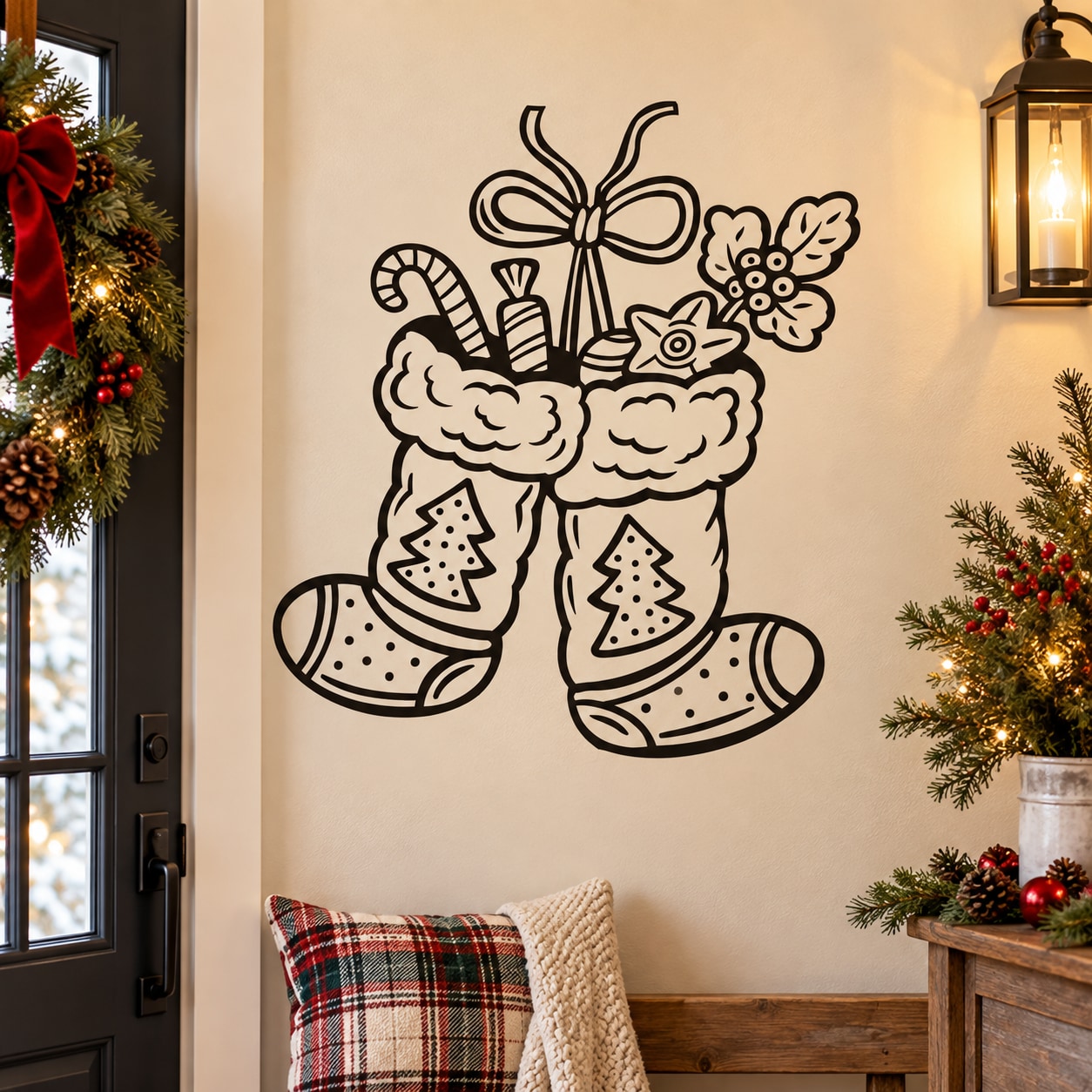 Christmas wall decal of two hanging stockings with bow and candy shapes