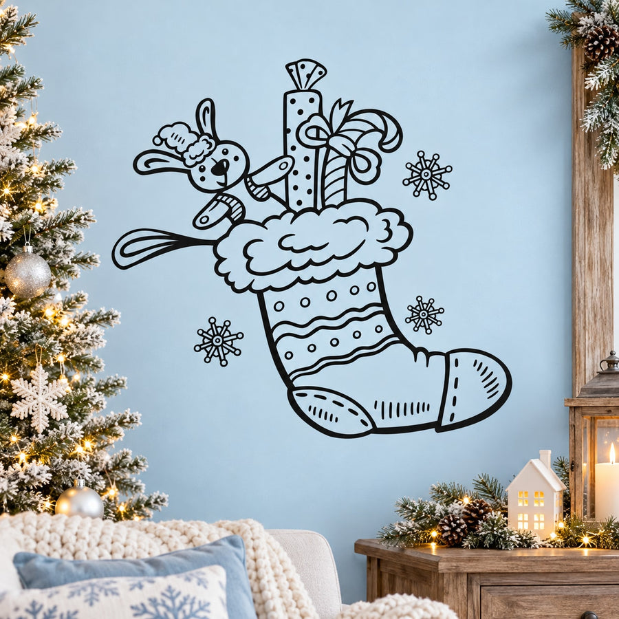 Black-and-white cartoon Christmas stocking wall decal with candy and snowflakes