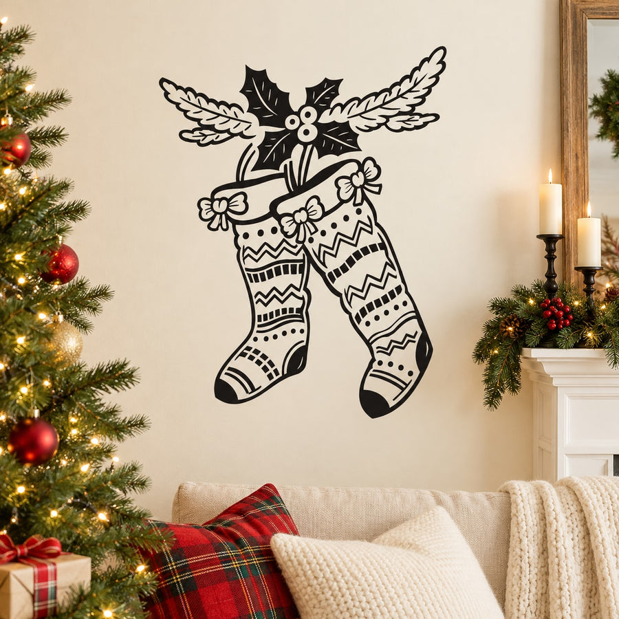 Christmas stocking decal with mistletoe leaves and bow, black outline