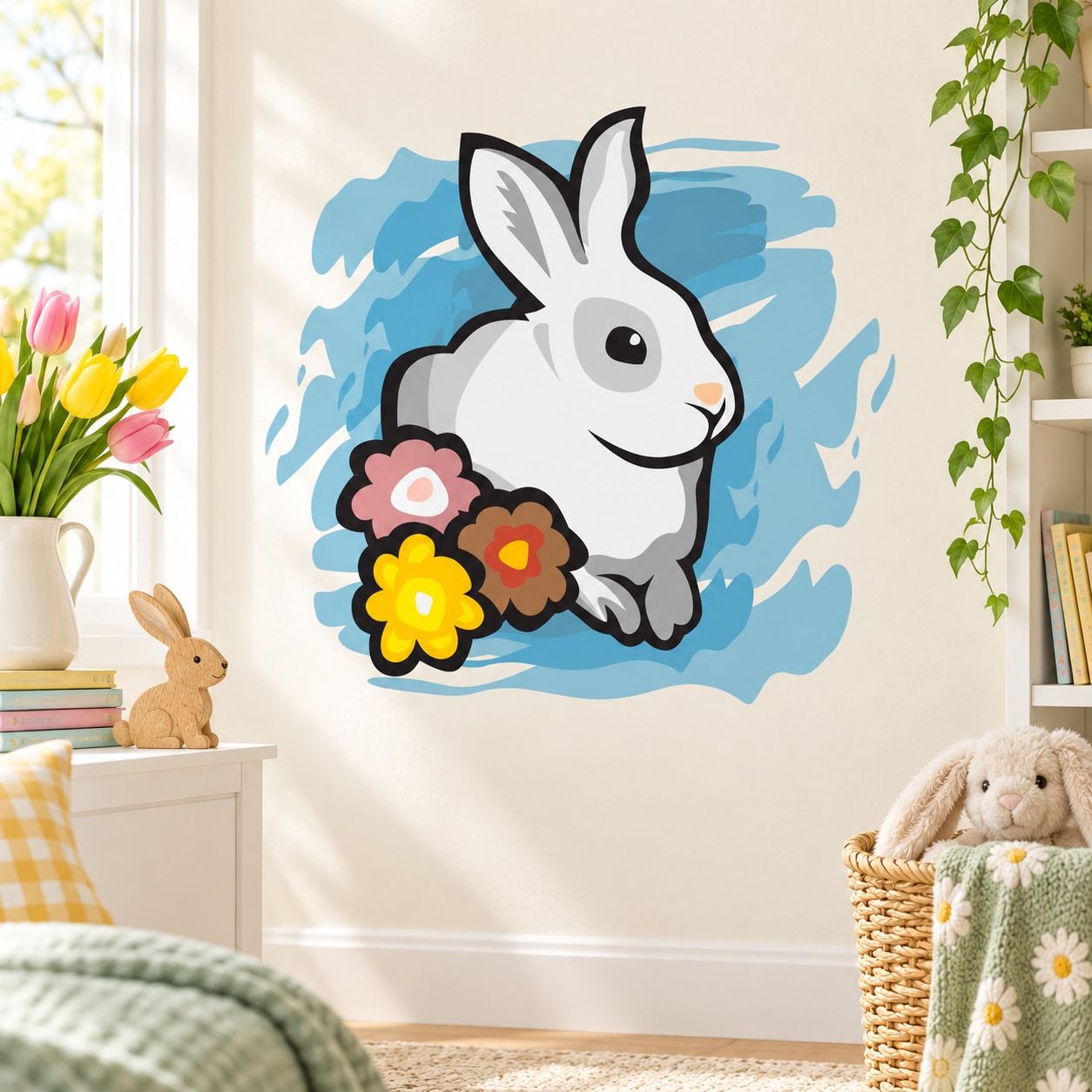 Easter bunny sticker with bouquet of colorful flowers, blue splash background
