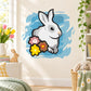 Easter bunny sticker with bouquet of colorful flowers, blue splash background