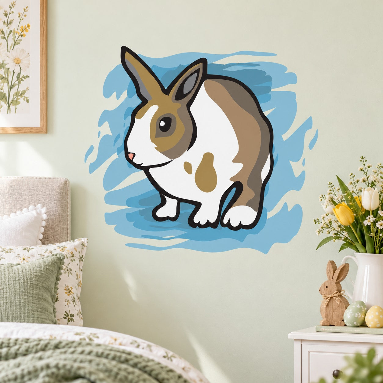 Brown and white Easter bunny sticker with blue water splash background
