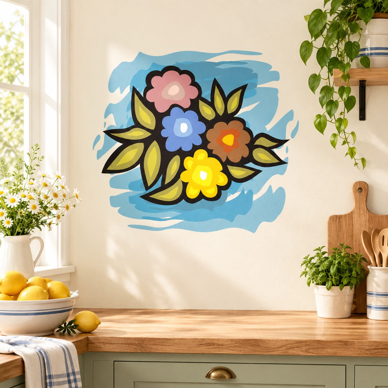 Spring flowers Easter wall sticker with blue background and colorful blossoms