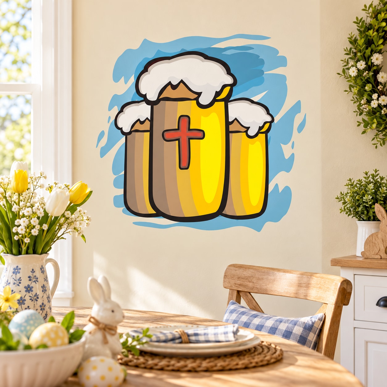 Easter beer mugs sticker with frothy mugs and a red cross design
