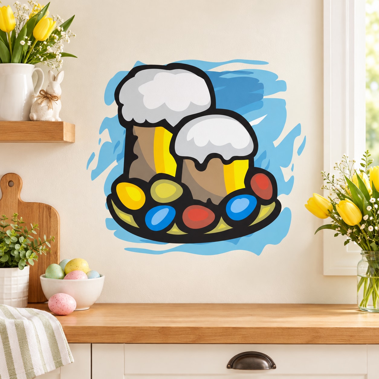 Easter beer mug and egg stickers, cartoon mugs with colorful eggs
