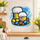 Easter beer mug and egg stickers, cartoon mugs with colorful eggs