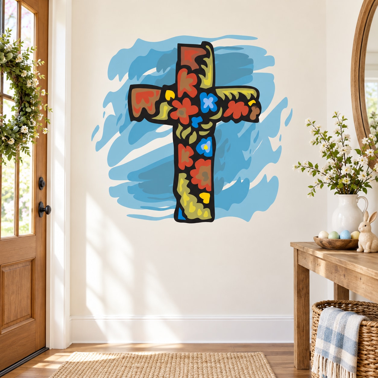 Easter floral cross sticker with colorful flower-patterned cross design