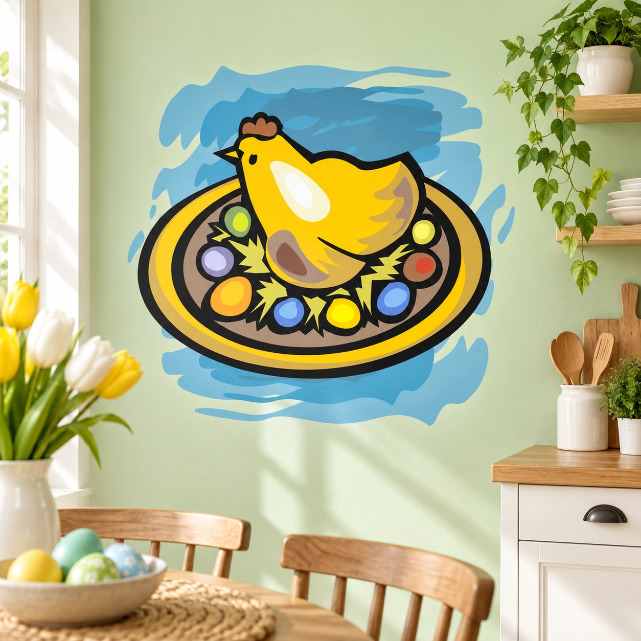Colorful cartoon hen sticker sitting in a nest with multicolored eggs