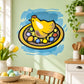 Colorful cartoon hen sticker sitting in a nest with multicolored eggs