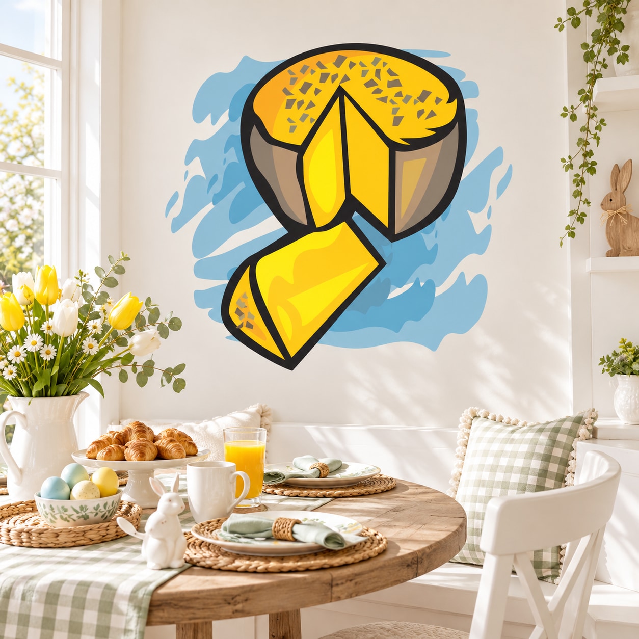 Easter cheese sticker featuring a yellow cheese wedge with black outline