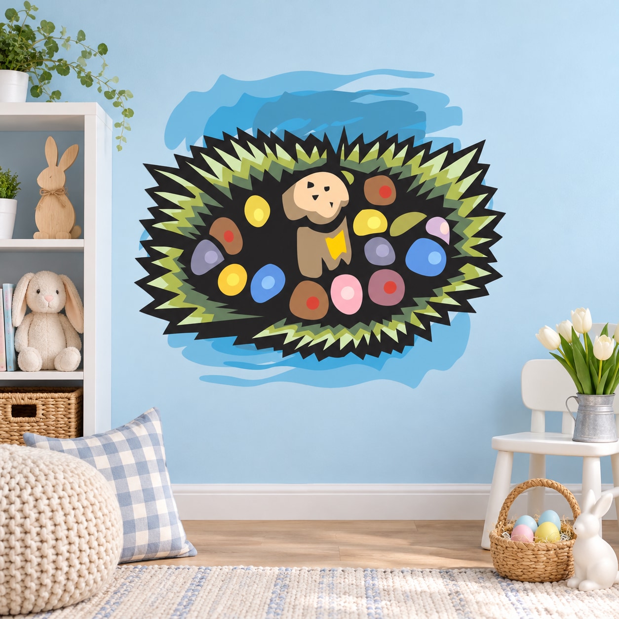 Easter egg nesting grass sticker, colorful oval with egg shapes and spiky border