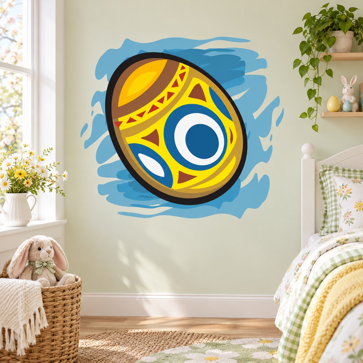 Geometric abstract Easter egg sticker, patterned yellow and blue egg with black lines