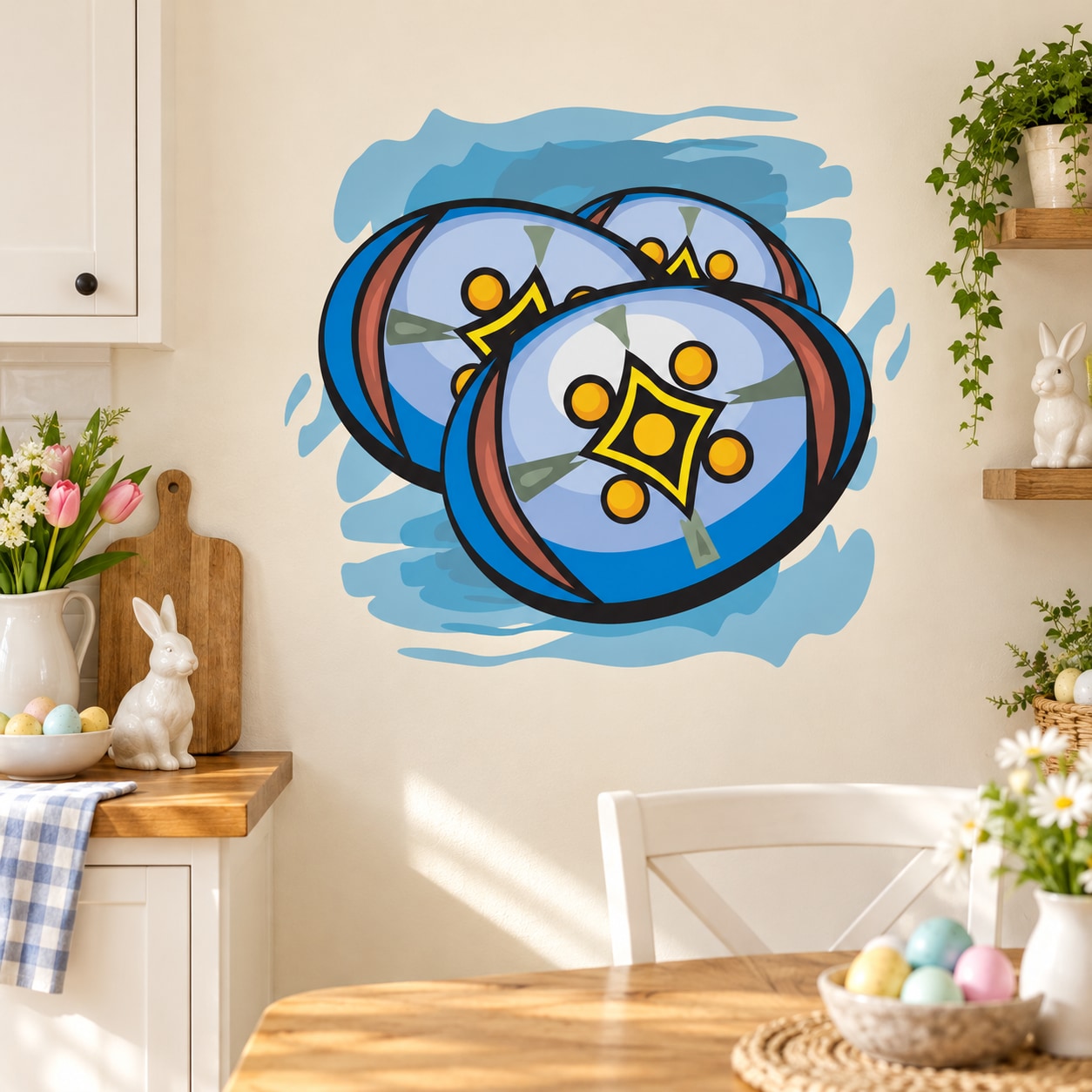 Blue and white painted abstract Easter egg sticker with dark circular outline and yellow accents