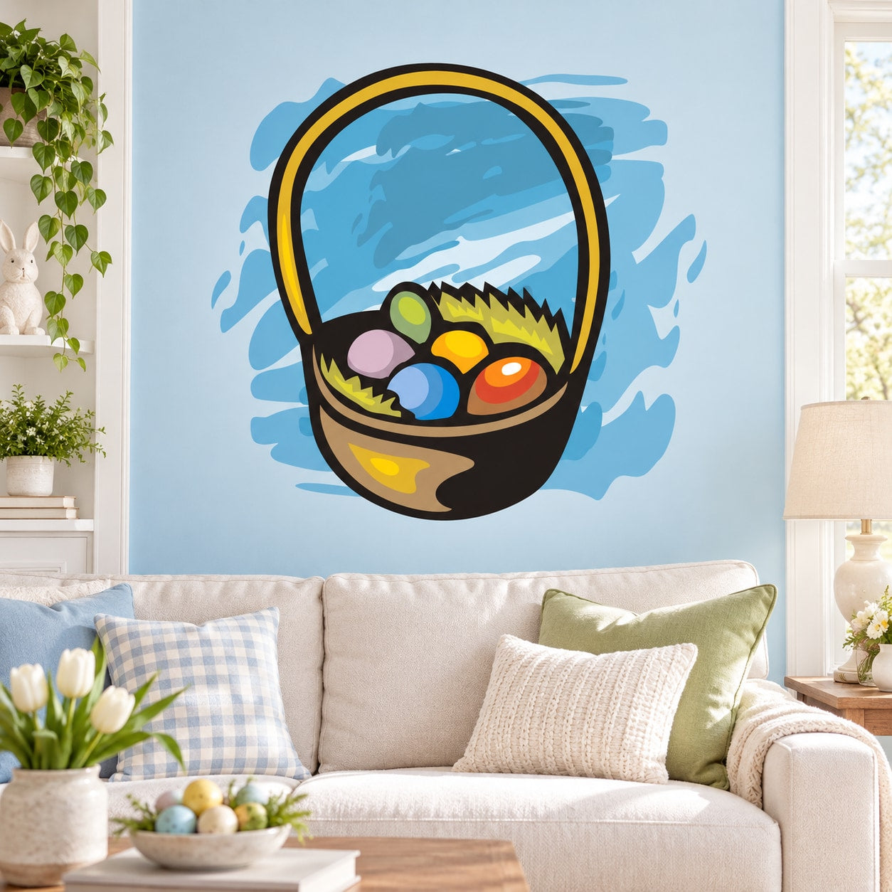 Easter egg basket sticker: round basket with colorful painted eggs on a blue splash background