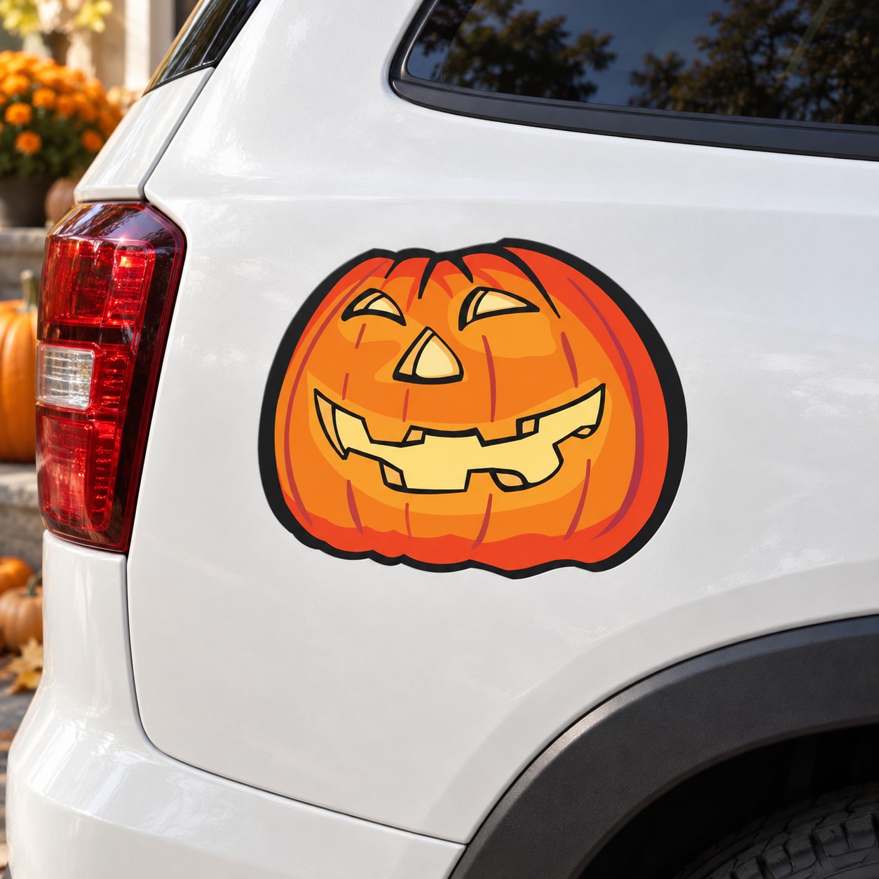 Smiling jack-o-lantern sticker with orange pumpkin face and black outline