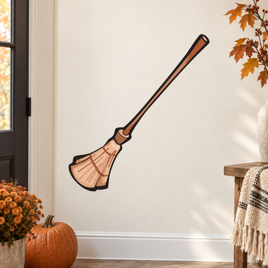 Halloween witch broom sticker with brown broom and black handle