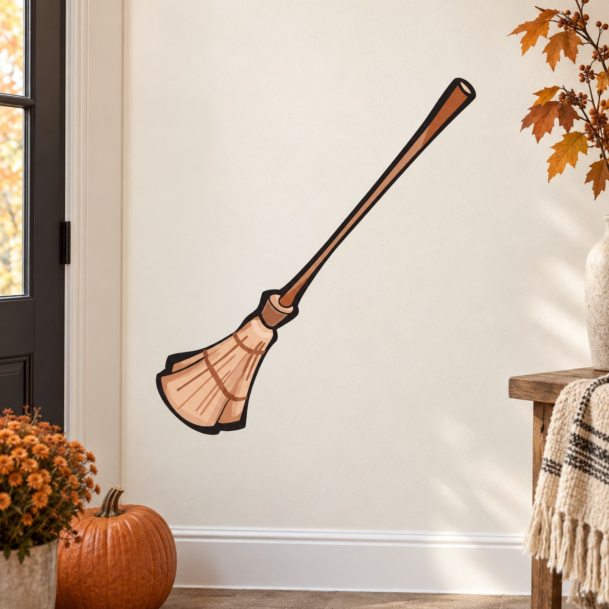 Halloween witch broom sticker with brown broom and black handle