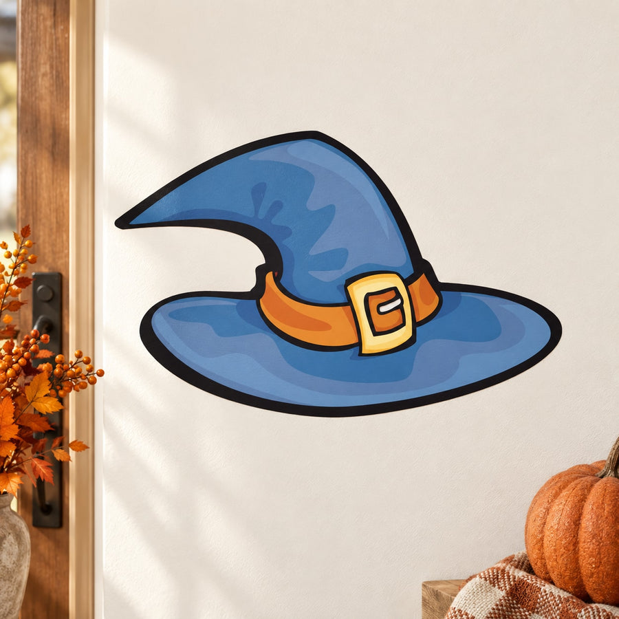 Halloween witch hat sticker with blue wide brim and orange buckle detail
