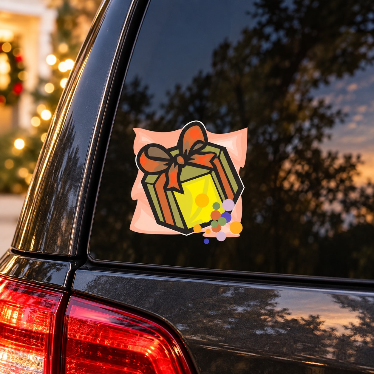 Gift present sticker with bow and colorful confetti dots