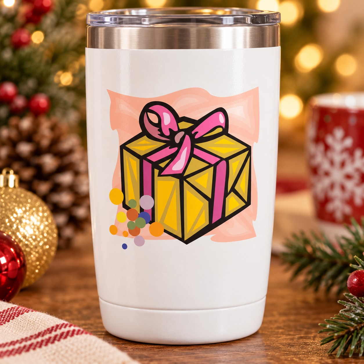 Wrapped present sticker with colorful gift box and pink bow on a tumbler