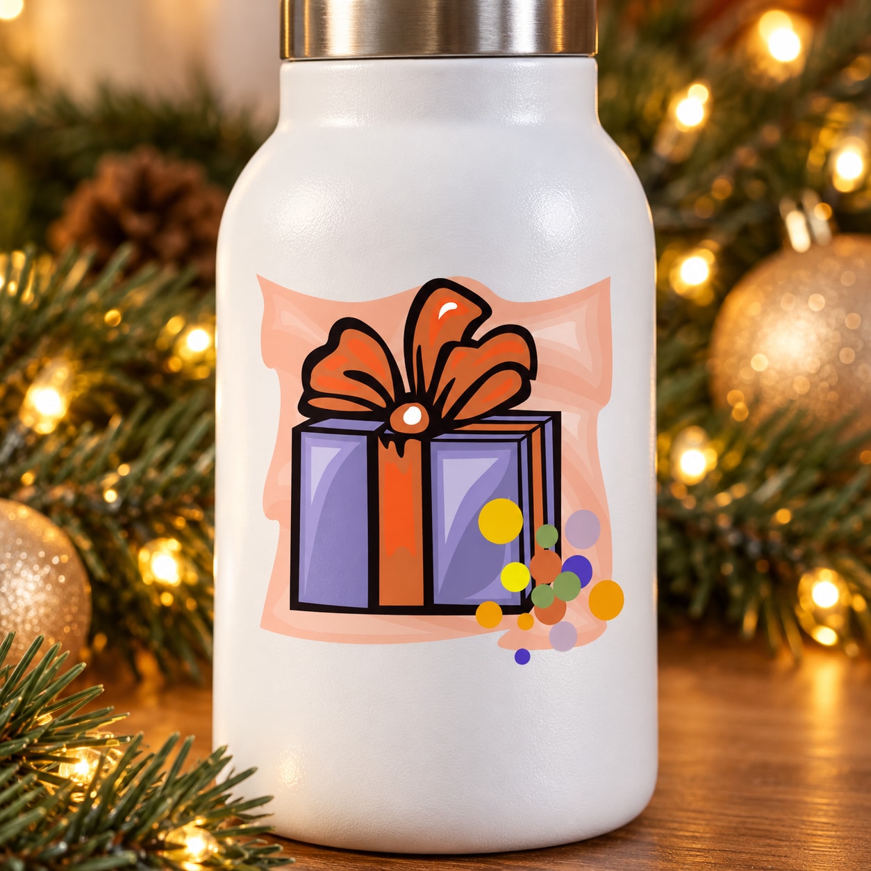 Purple present sticker with orange bow and gift box design, glossy on white bottle