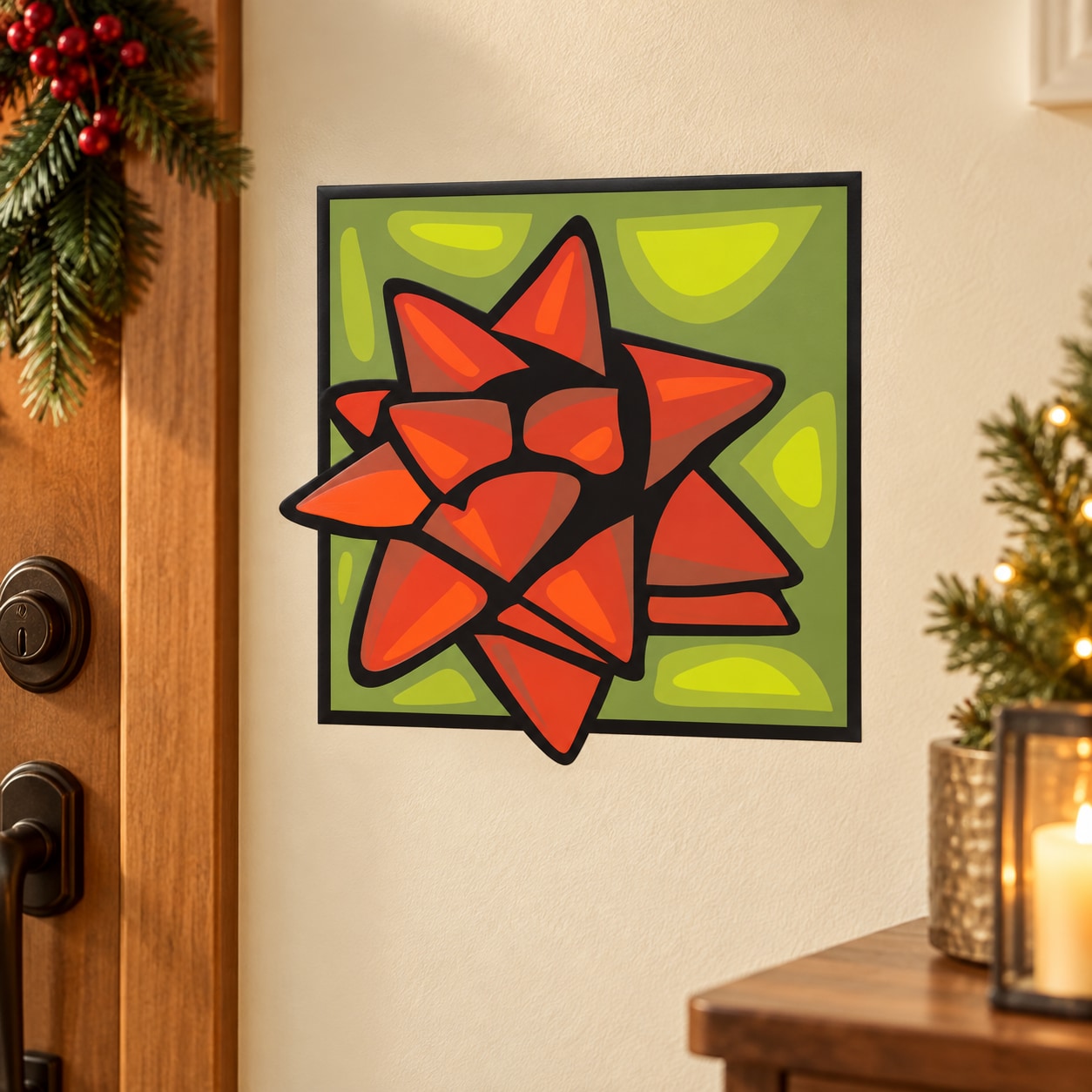 Square gift bow sticker with orange and red bow on green patterned background