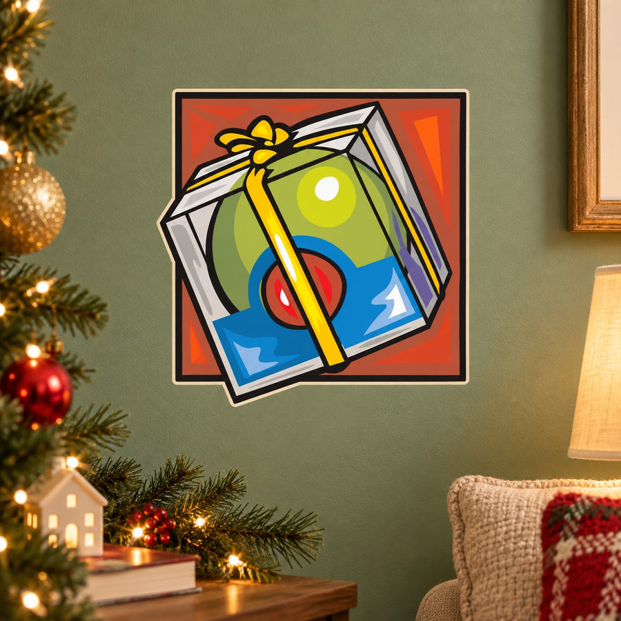 Square sticker with illustrated gift box and yellow ribbon, green ornament and blue base